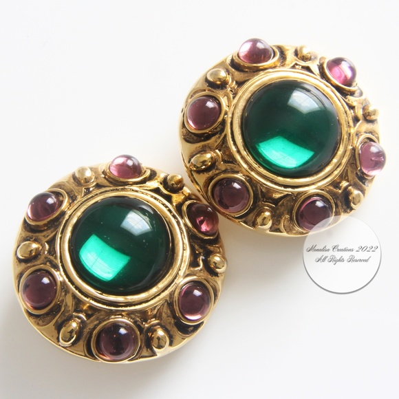 Denaive Paris Large Emerald Green Glass Cabochon Clip Style Earrings 1980s - Picture 4 of 11